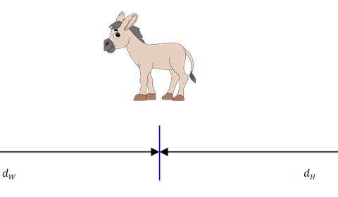 Buridan's donkey at an equal distance from hay and water
